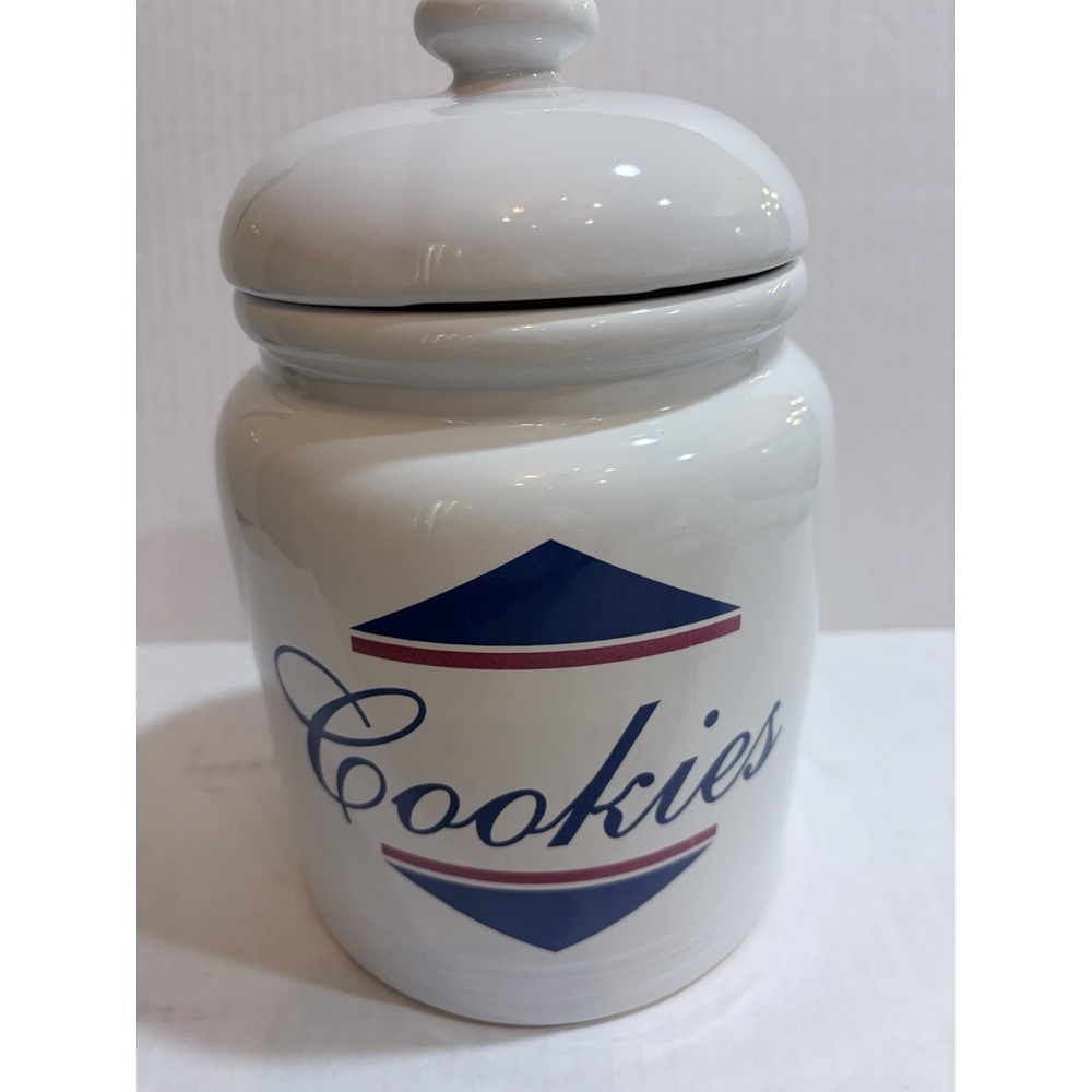 Badcock 89th Anniversary Ceramic Cookie Jar w/ Lid Handle, White Blue Red
